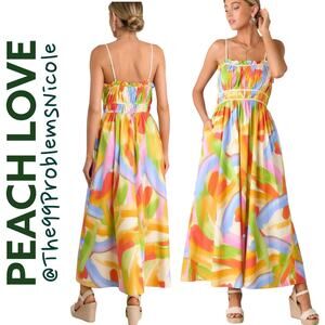 Peach Love Yellow Multiprint Maxi Dress with Pockets